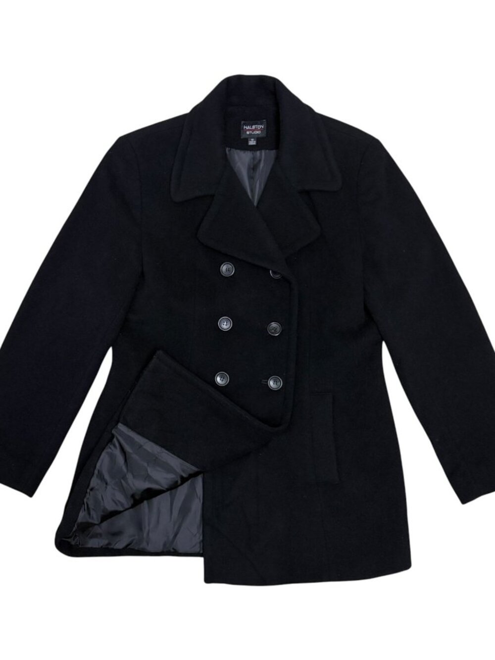HALSTON WOOL & CASHMERE PeaCoat Black Luxury Business Winter Jacket Women Medium